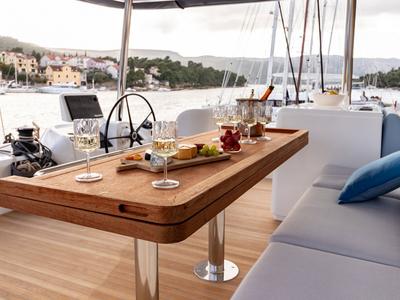 Cockpit of Agenda 55, a Lagoon 55 catamaran at Grad Kaštela, Croatia