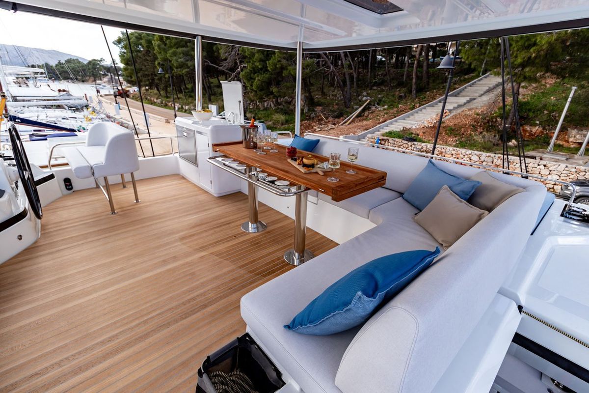 Deck of Agenda 55, a Lagoon 55 catamaran at Grad Kaštela, Croatia