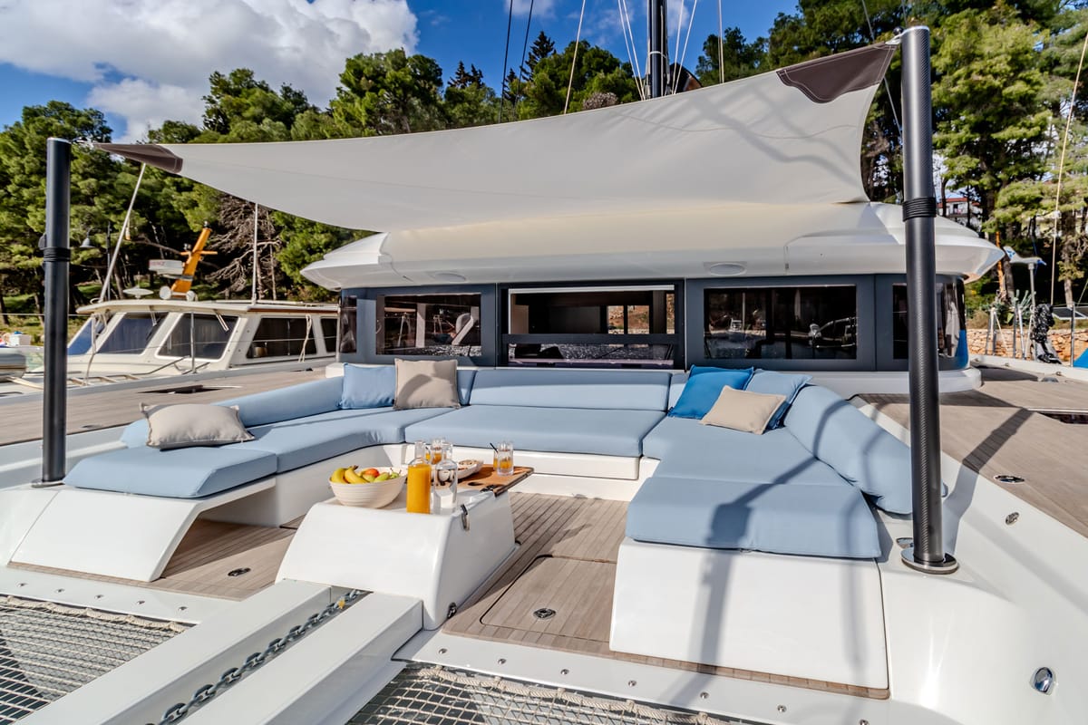 Deck of Agenda 55, a Lagoon 55 catamaran at Grad Kaštela, Croatia