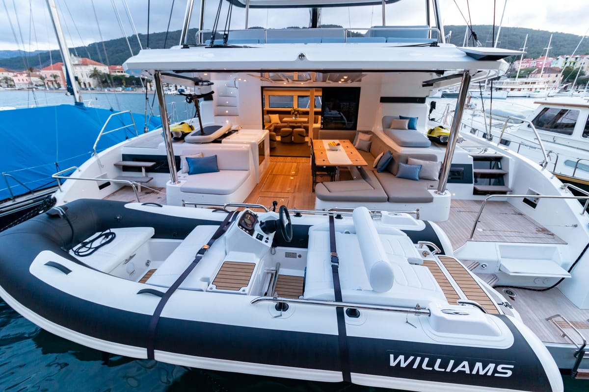 Deck of Agenda 55, a Lagoon 55 catamaran at Grad Kaštela, Croatia