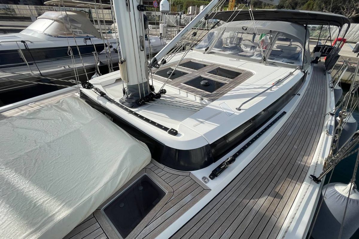 Deck of Mai Mai, a Bavaria C57 sailboat at Castellammare di Stabia, Italy