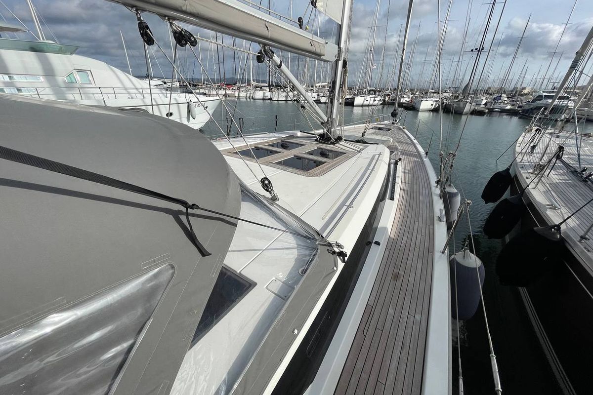 Deck of Mai Mai, a Bavaria C57 sailboat at Castellammare di Stabia, Italy