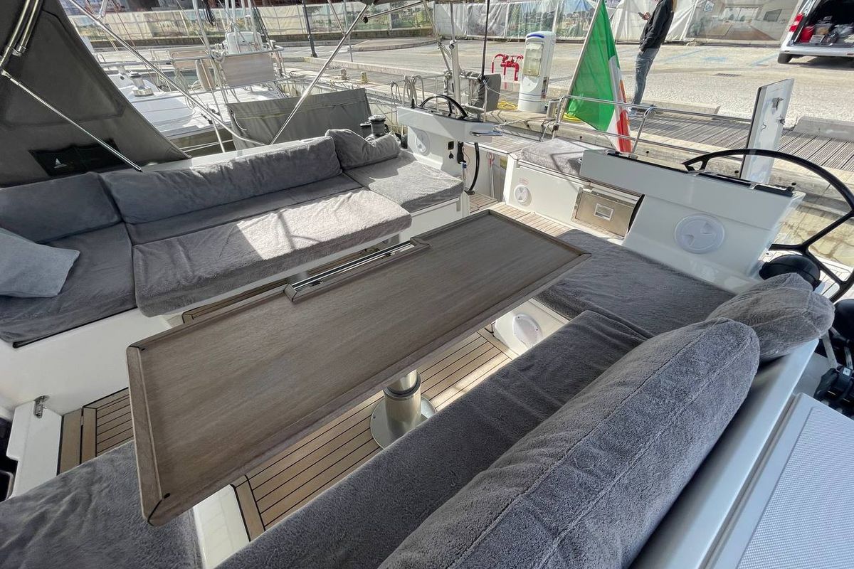 Cockpit of Mai Mai, a Bavaria C57 sailboat at Castellammare di Stabia, Italy