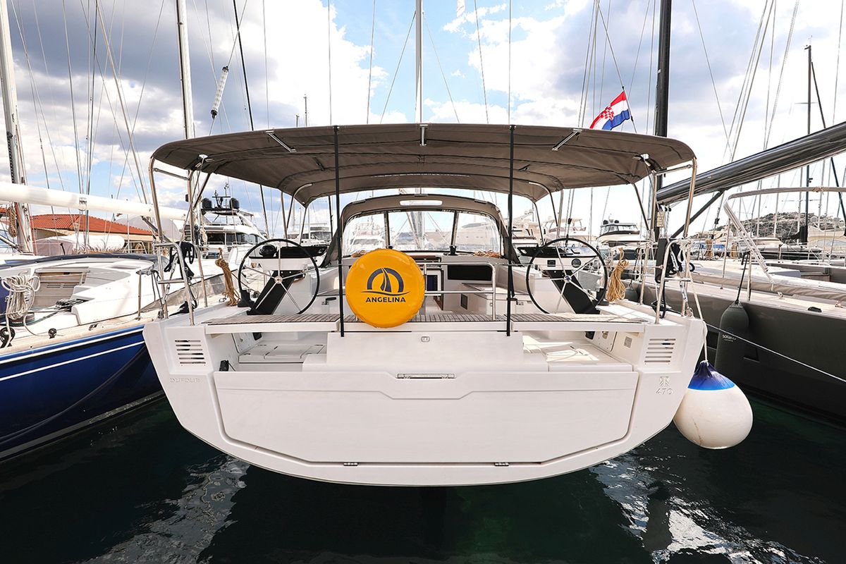 Exterior view of Dance, a Dufour 470 sailboat at Punat, Croatia