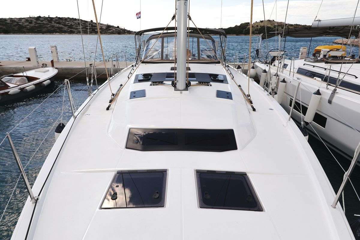 Deck of Dance, a Dufour 470 sailboat at Punat, Croatia