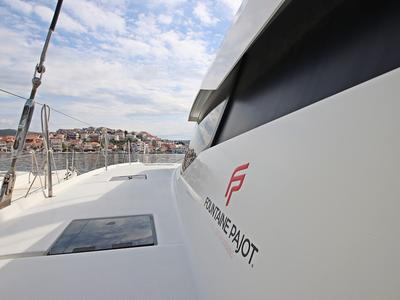 Deck of Felicia, a Fountaine Pajot Saona 47 Quintet catamaran at Općina Rogoznica, Croatia
