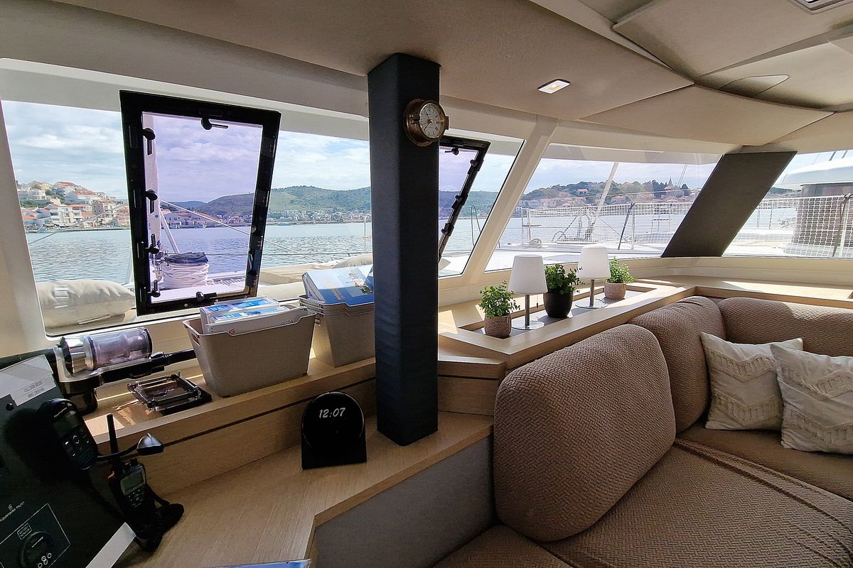 Salon of Felicia, a Fountaine Pajot Saona 47 Quintet catamaran at Općina Rogoznica, Croatia