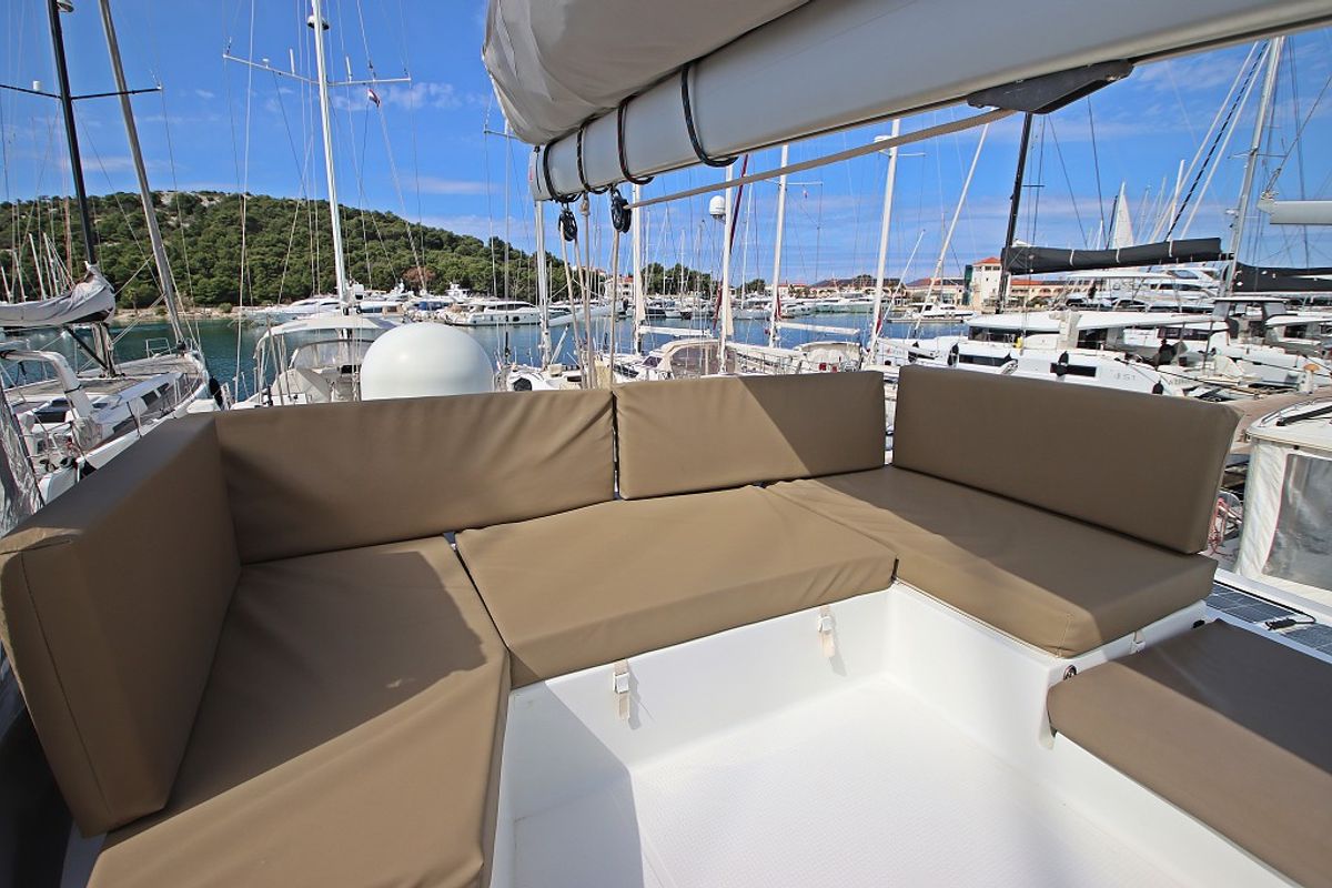 Deck of Felicia, a Fountaine Pajot Saona 47 Quintet catamaran at Općina Rogoznica, Croatia