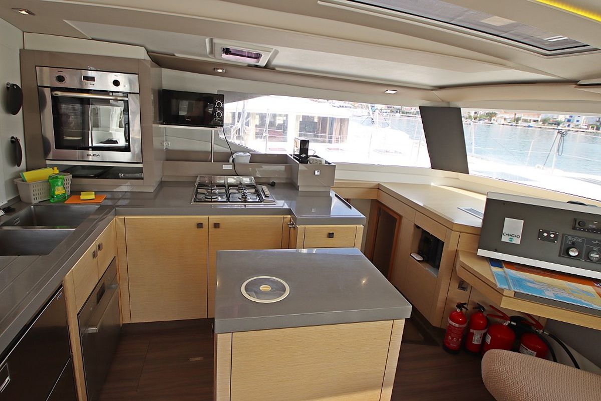 Galley of Felicia, a Fountaine Pajot Saona 47 Quintet catamaran at Općina Rogoznica, Croatia