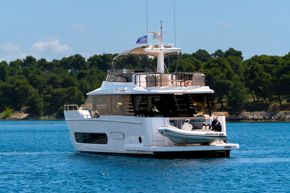 Exterior view of Olivia, a Azimut Magellano 60 motorboat at Grad Šibenik, Croatia