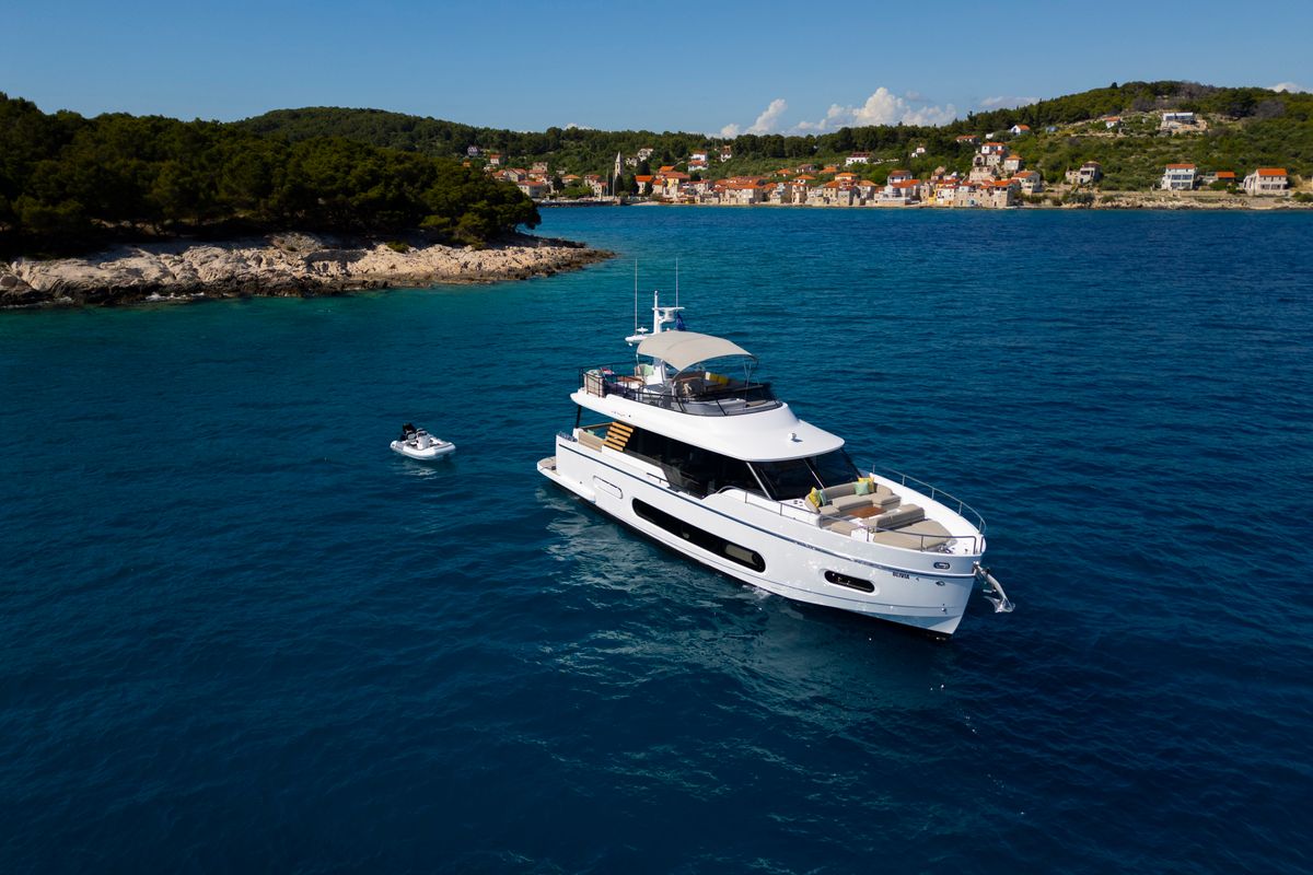 Exterior view of Olivia, a Azimut Magellano 60 motorboat at Grad Šibenik, Croatia