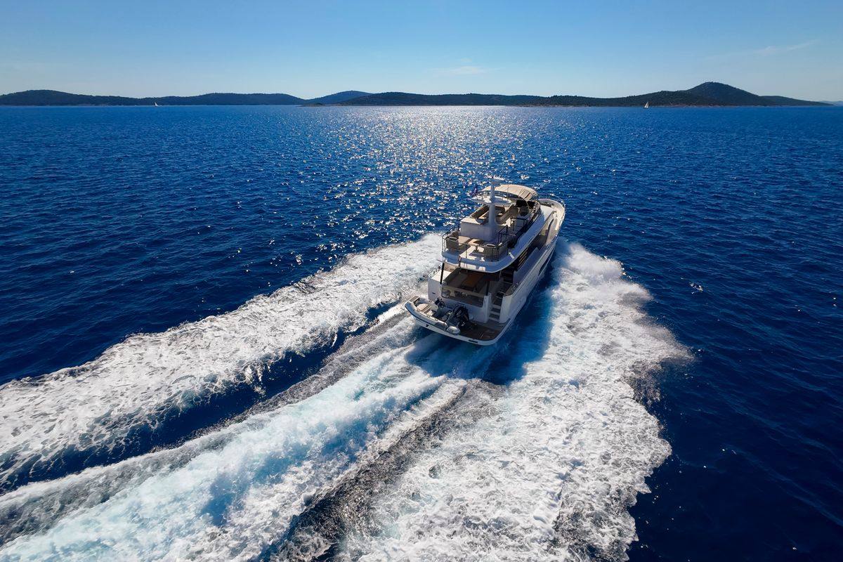 Exterior view of Olivia, a Azimut Magellano 60 motorboat at Grad Šibenik, Croatia