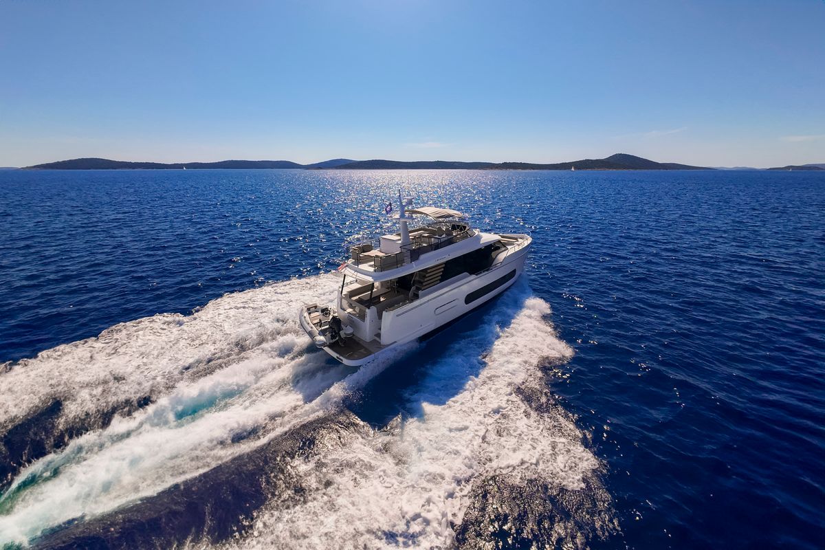Exterior view of Olivia, a Azimut Magellano 60 motorboat at Grad Šibenik, Croatia
