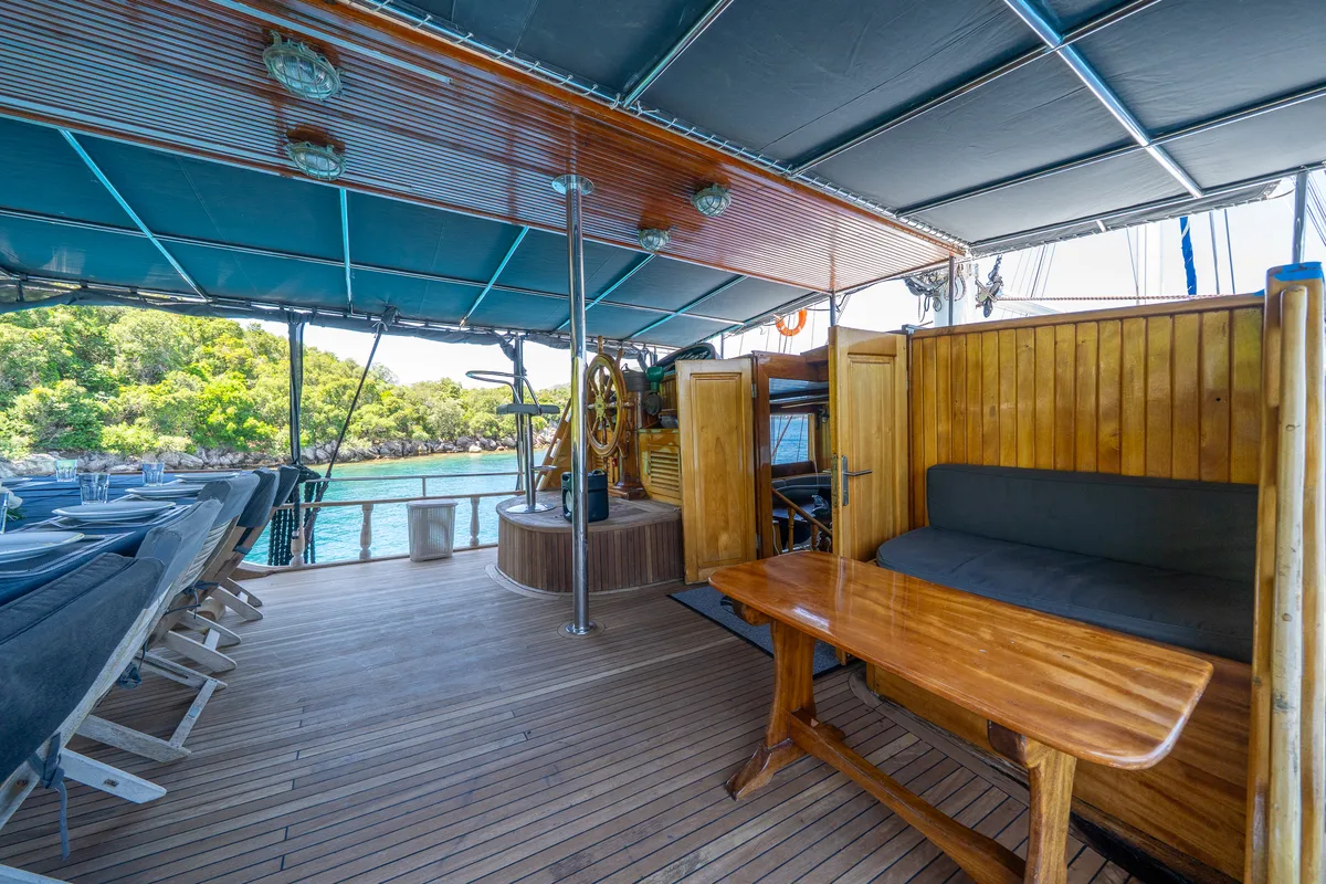 Deck of Classic, a Gulet Gulet gulet at Corfu, Greece