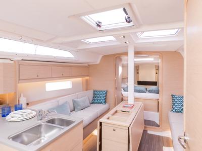 Salon of Sunsail 37.3 Premium Plus, a Dufour 37 sailboat at Municipal Unit of Lefkada, Greece