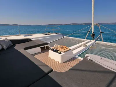 Deck of Champagne Please, a Lagoon 55 catamaran at Grad Kaštela, Croatia