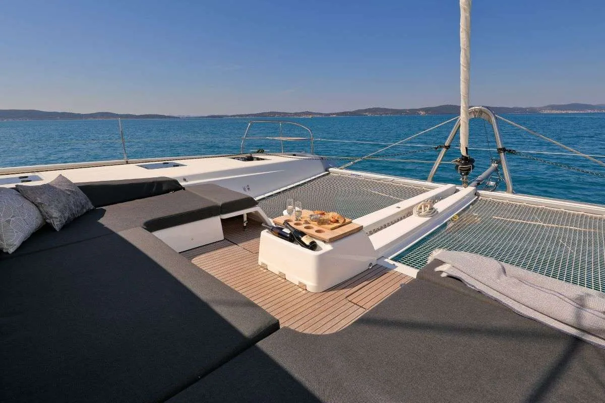 Deck of Champagne Please, a Lagoon 55 catamaran at Grad Kaštela, Croatia