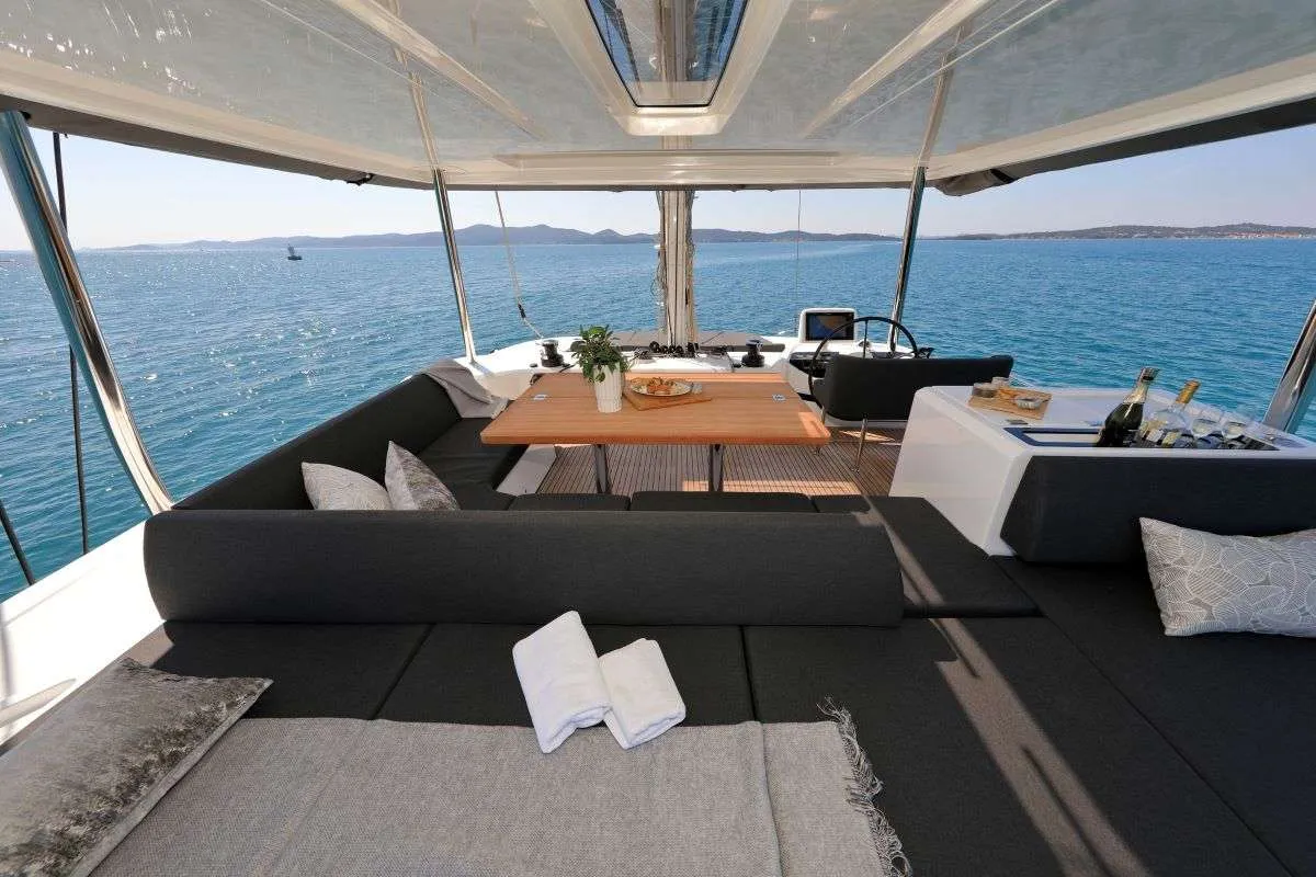 Deck of Champagne Please, a Lagoon 55 catamaran at Grad Kaštela, Croatia