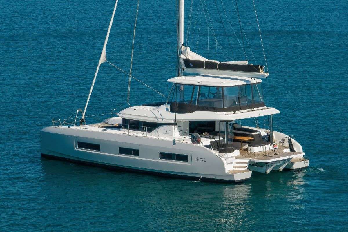 Exterior view of Champagne Please, a Lagoon 55 catamaran at Grad Kaštela, Croatia