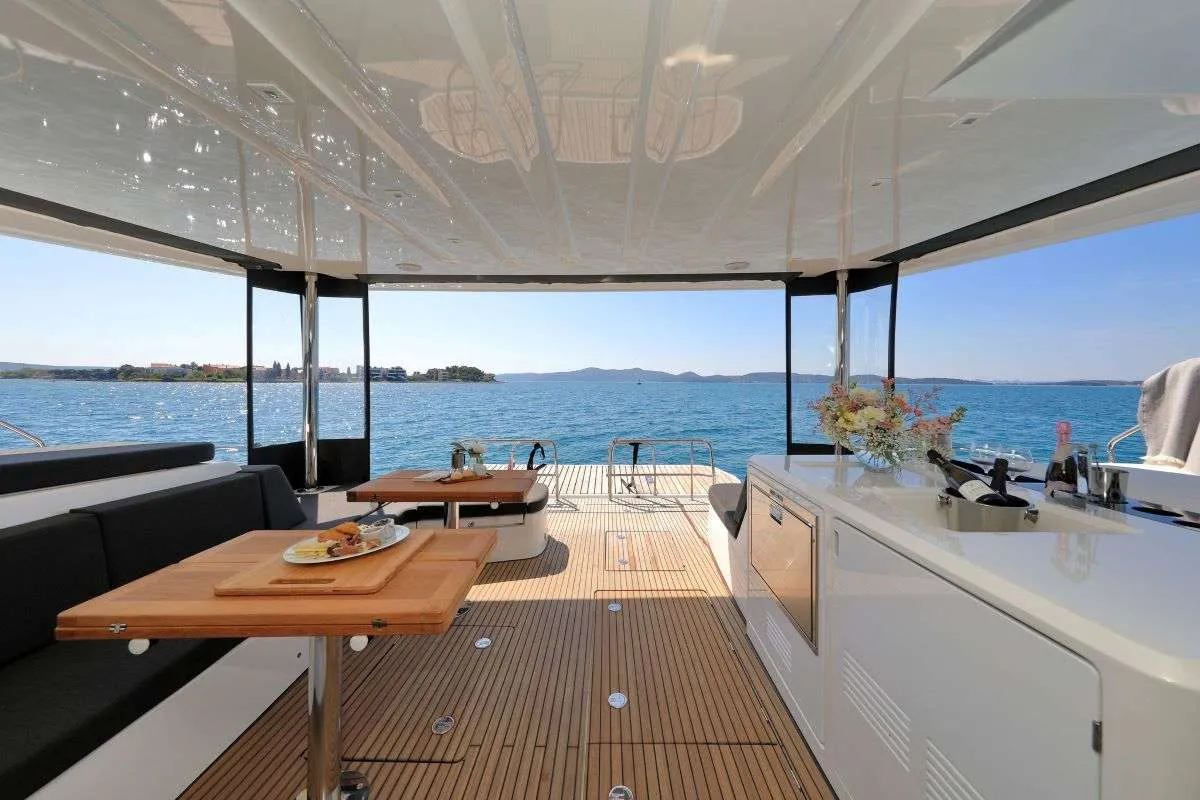 Deck of Champagne Please, a Lagoon 55 catamaran at Grad Kaštela, Croatia