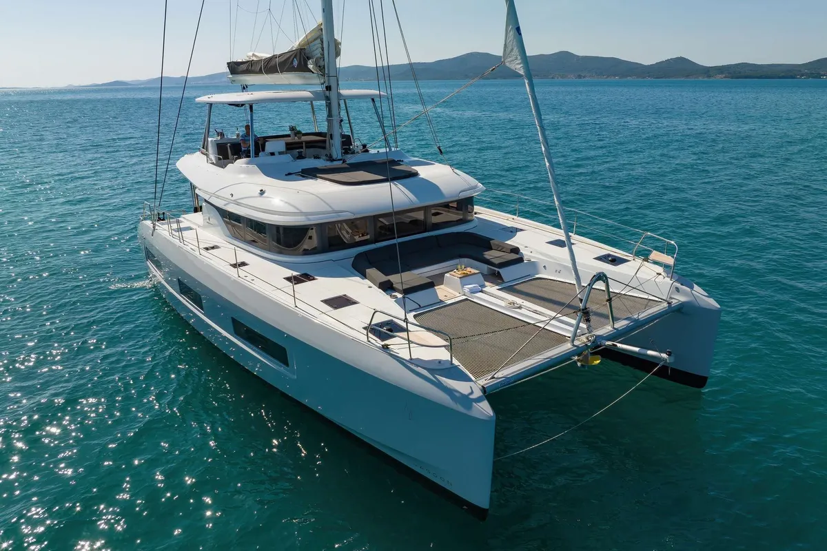 Exterior view of Champagne Please, a Lagoon 55 catamaran at Grad Kaštela, Croatia