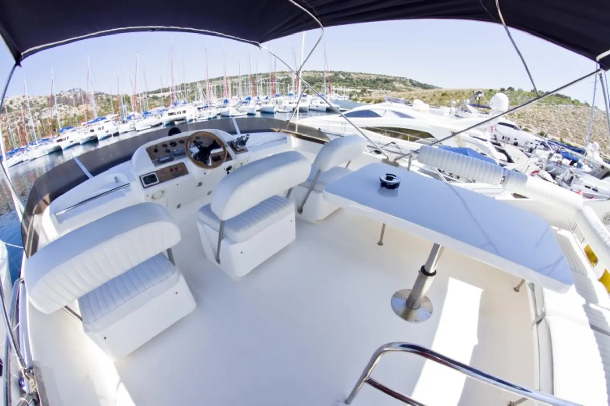 Cockpit of Antares II, a Princess Yachts Princess 470 motorboat at Primošten, Croatia