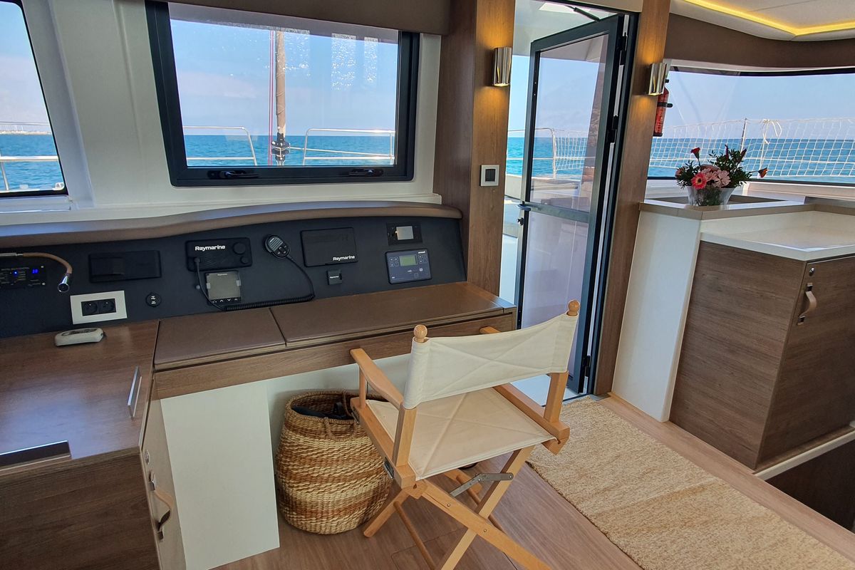 Cockpit of Martinon, a Bali 4.8 catamaran at Port d'Andratx, Spain