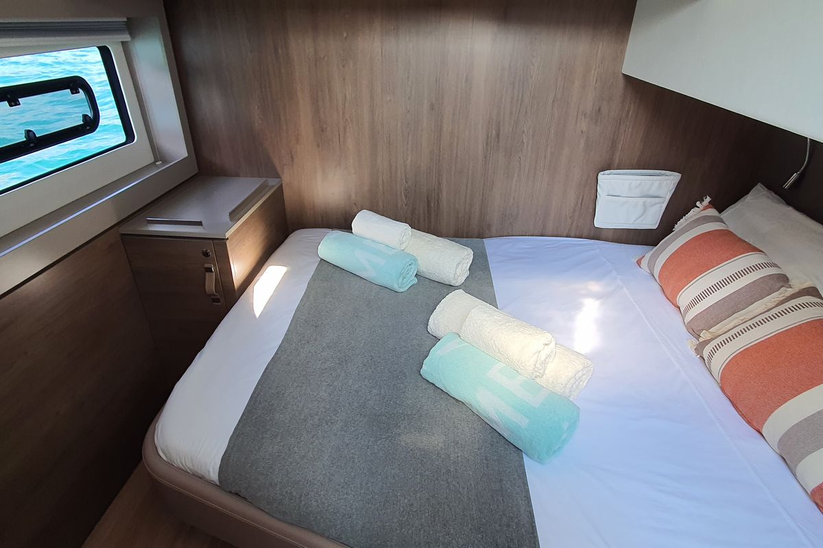 Cabin on Martinon, a Bali 4.8 catamaran at Port d'Andratx, Spain