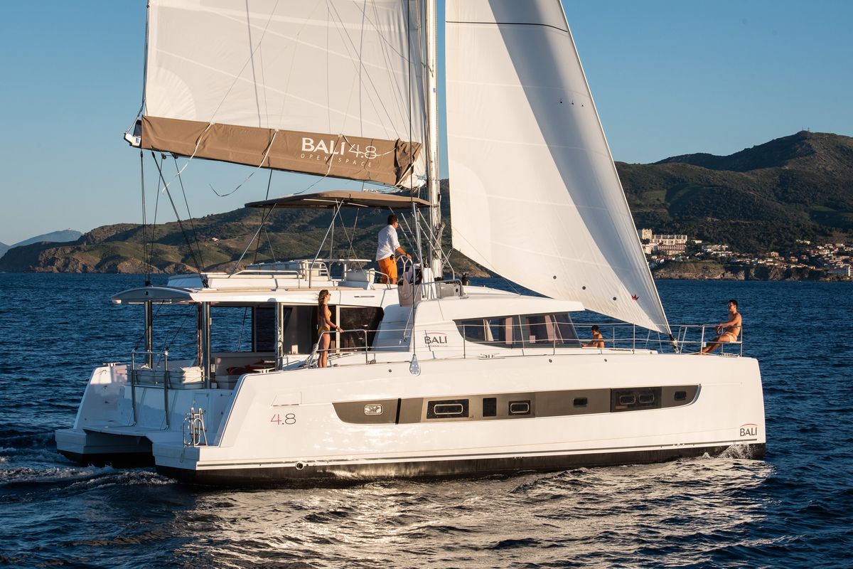 Exterior view of Martinon, a Bali 4.8 catamaran at Port d'Andratx, Spain