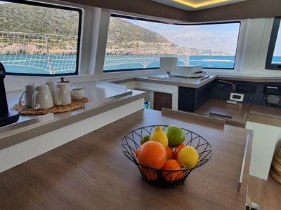 Galley of Martinon, a Bali 4.8 catamaran at Port d'Andratx, Spain
