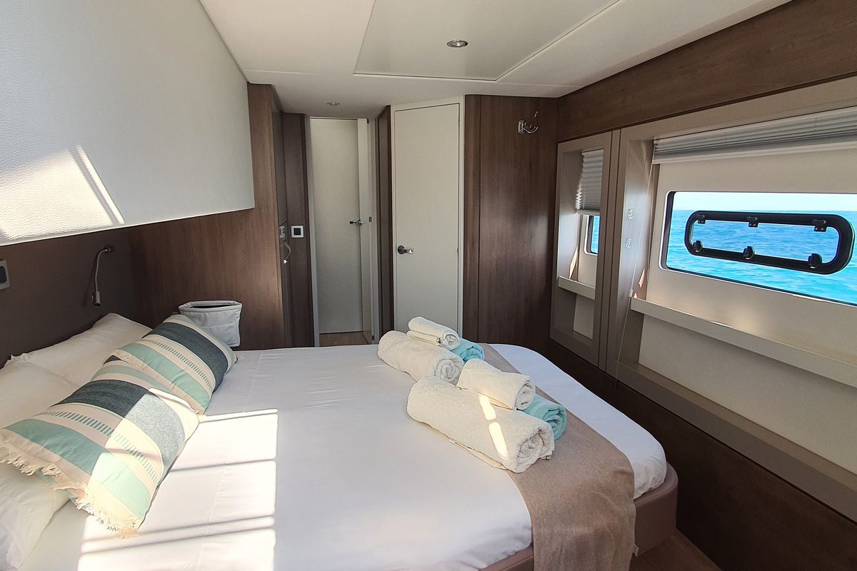 Cabin on Martinon, a Bali 4.8 catamaran at Port d'Andratx, Spain