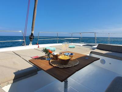 Deck of Martinon, a Bali 4.8 catamaran at Port d'Andratx, Spain