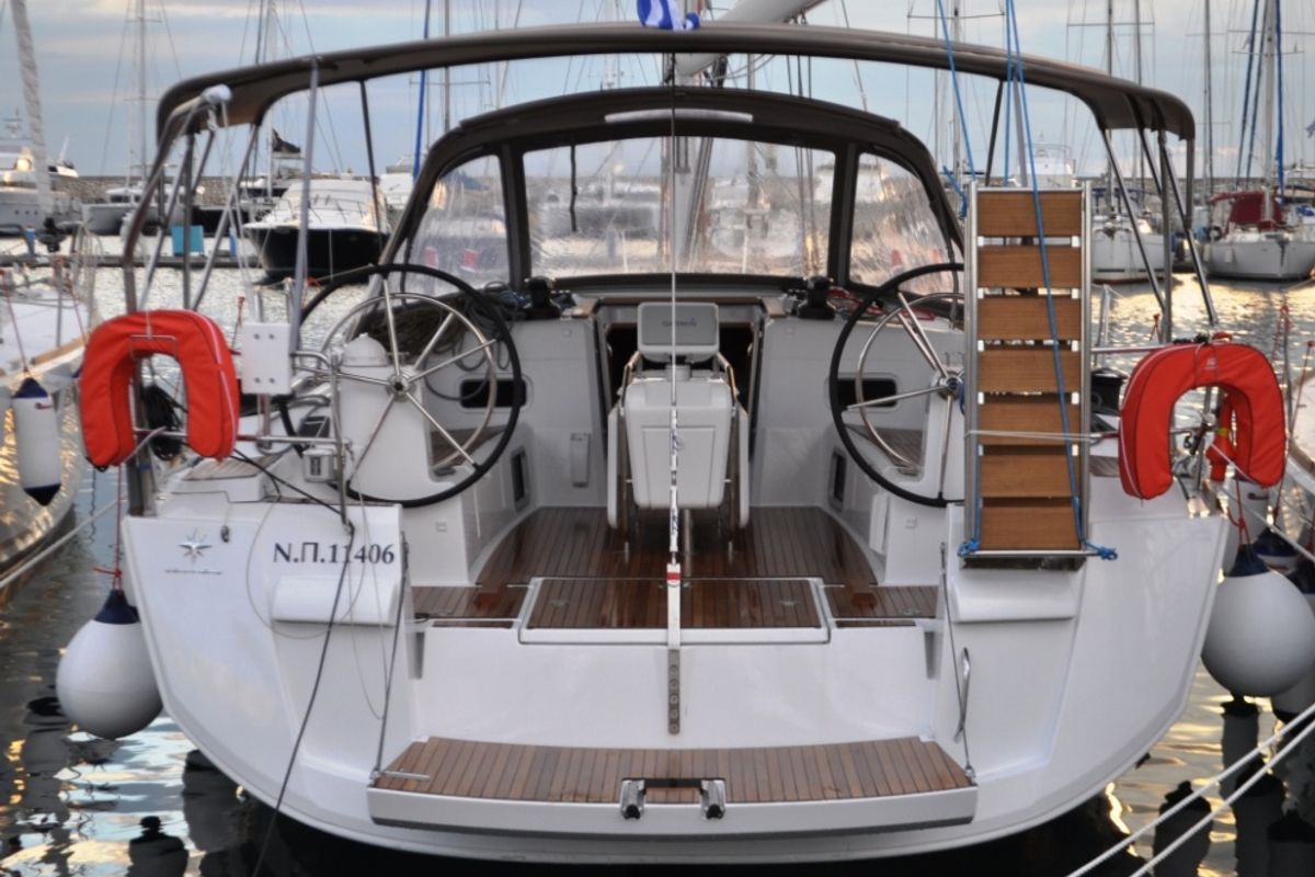Cockpit of Ekaterina, a Jeanneau Sun Odyssey 519 sailboat at Marina Delta Kallithea, Greece
