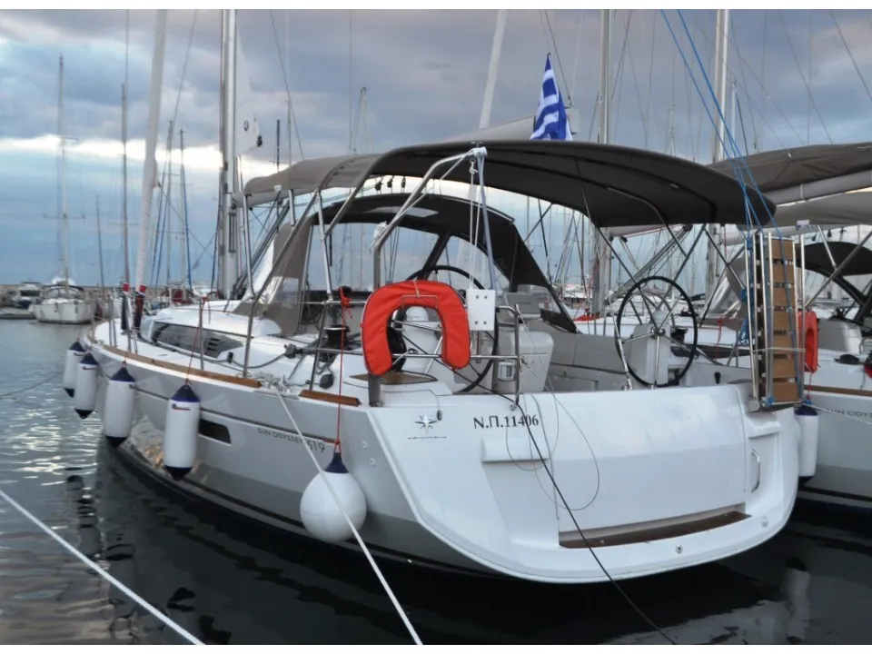 Exterior view of Ekaterina, a Jeanneau Sun Odyssey 519 sailboat at Marina Delta Kallithea, Greece