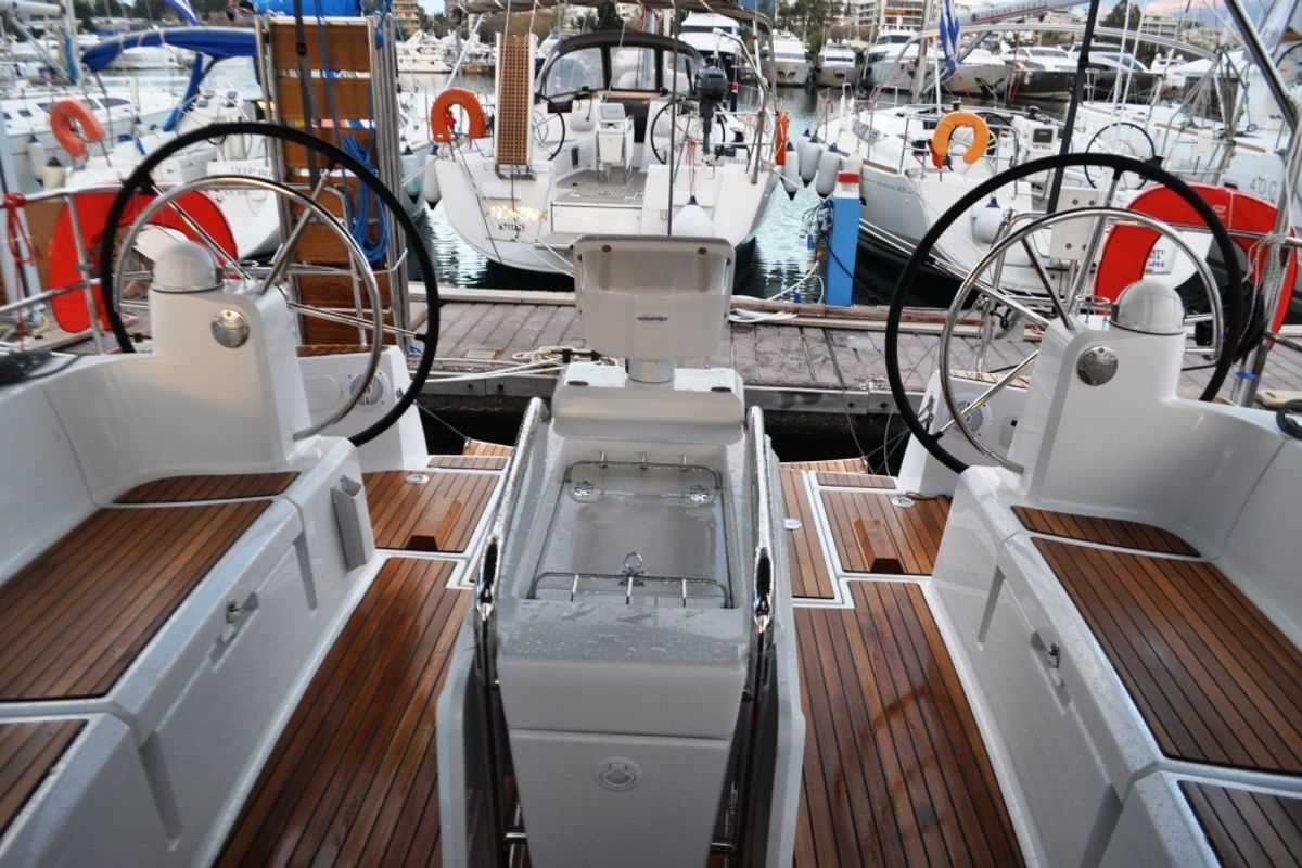 Cockpit of Ekaterina, a Jeanneau Sun Odyssey 519 sailboat at Marina Delta Kallithea, Greece