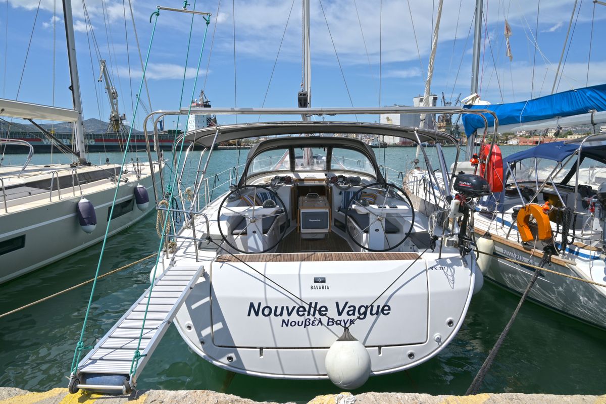 Exterior view of Nouvelle Vague, a Bavaria Cruiser 45 sailboat at Volos Municipality, Greece