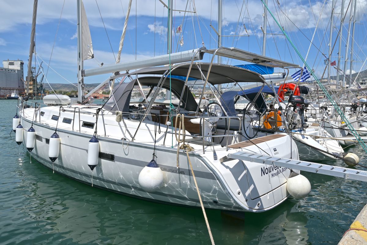 Exterior view of Nouvelle Vague, a Bavaria Cruiser 45 sailboat at Volos Municipality, Greece