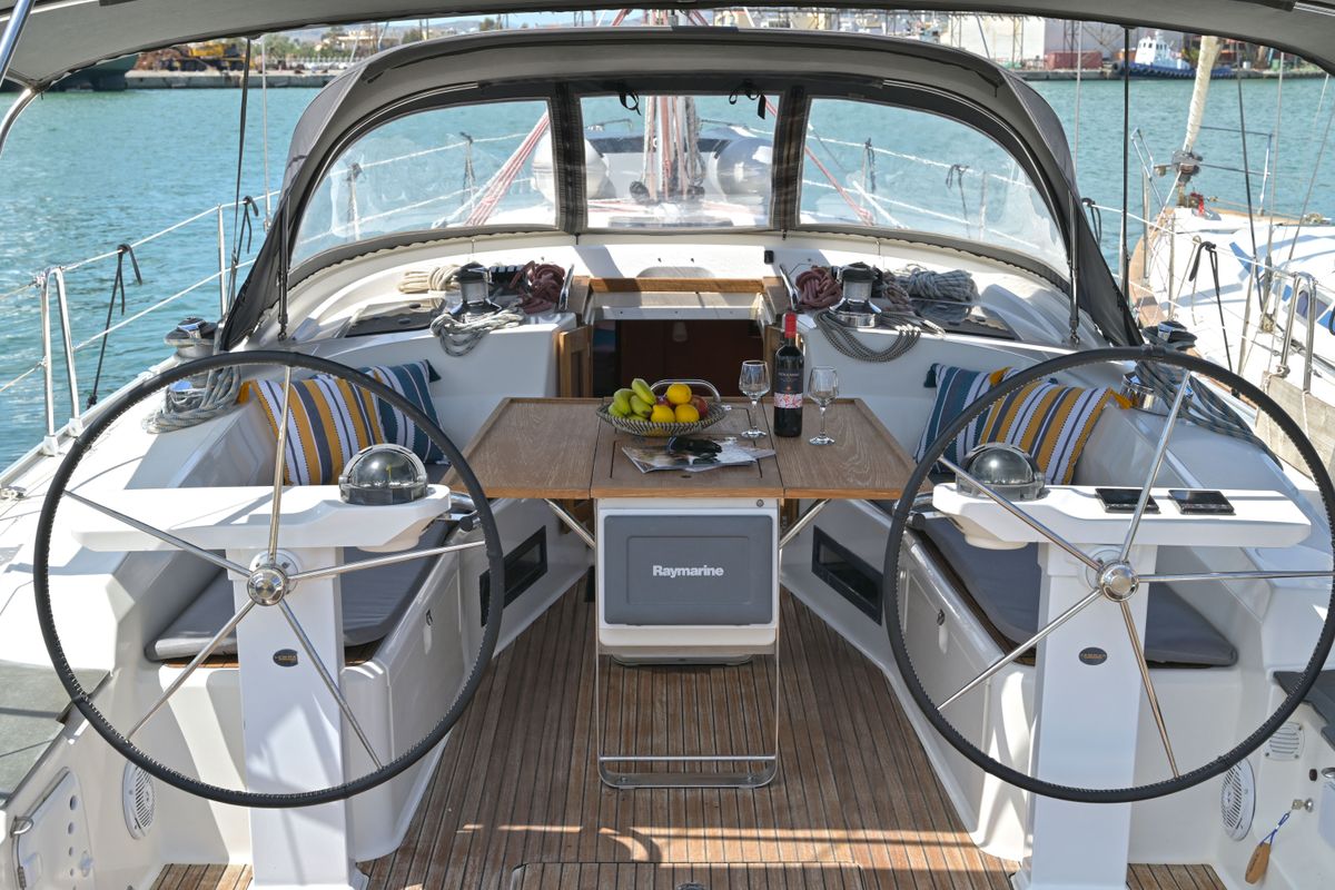 Cockpit of Nouvelle Vague, a Bavaria Cruiser 45 sailboat at Volos Municipality, Greece