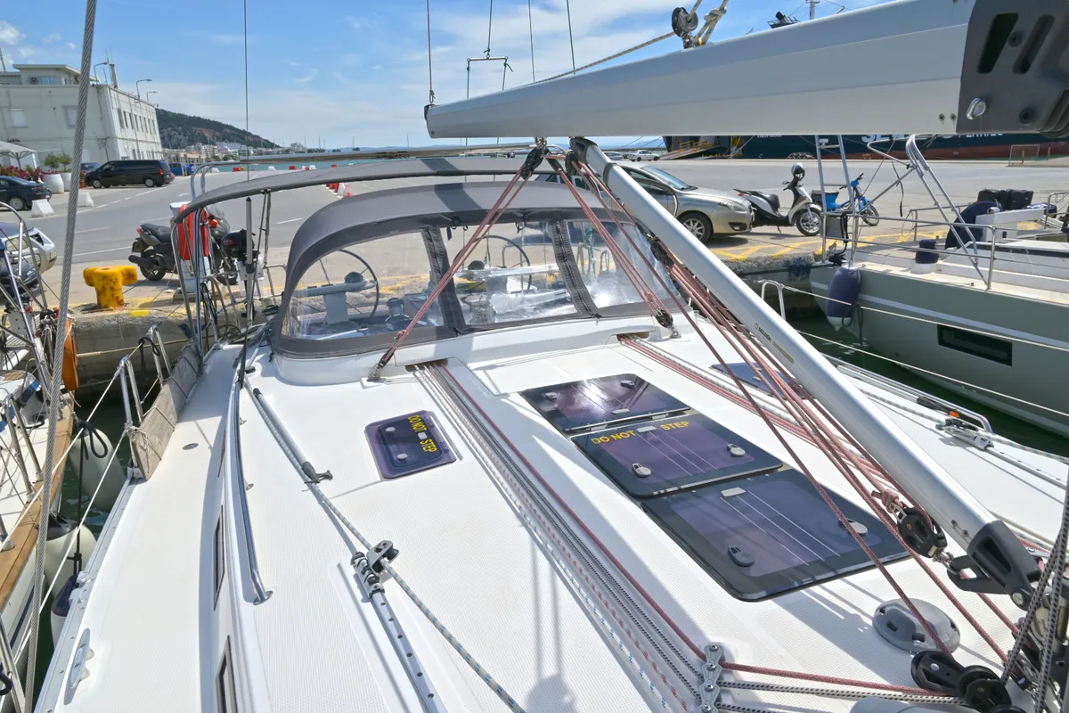 Deck of Nouvelle Vague, a Bavaria Cruiser 45 sailboat at Volos Municipality, Greece