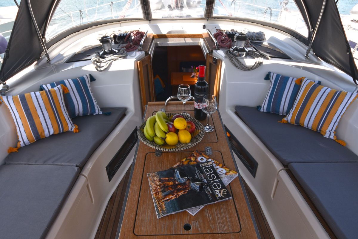 Deck of Nouvelle Vague, a Bavaria Cruiser 45 sailboat at Volos Municipality, Greece