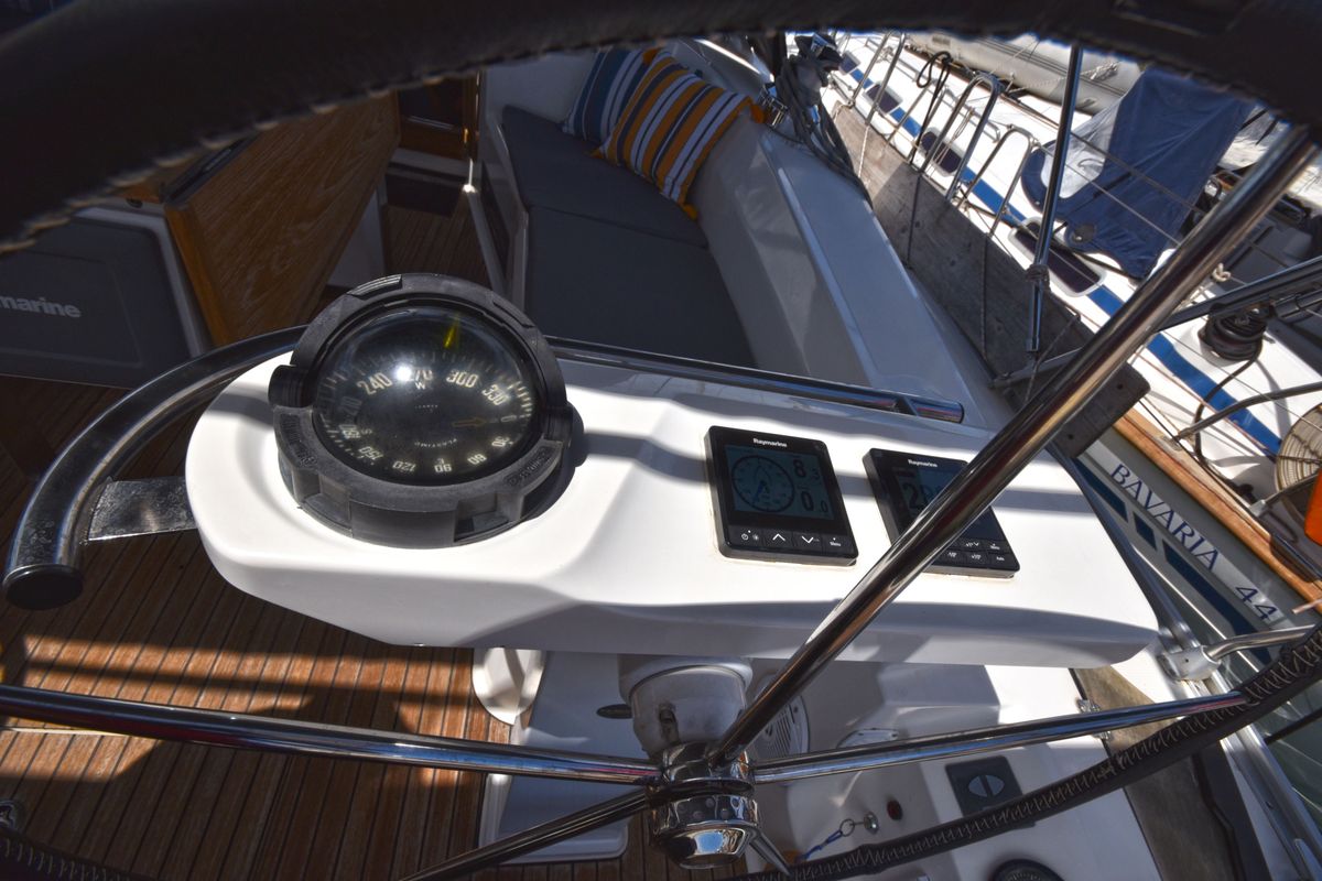 Cockpit of Nouvelle Vague, a Bavaria Cruiser 45 sailboat at Volos Municipality, Greece