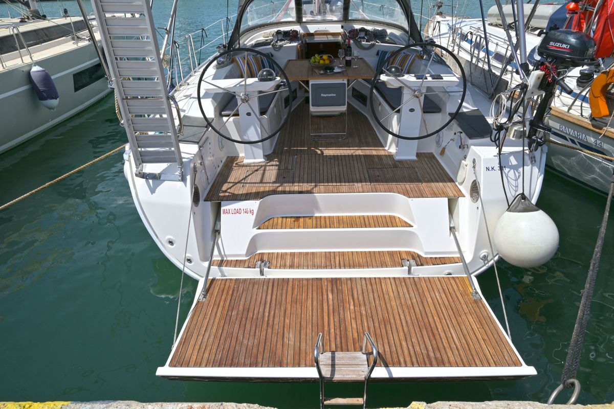Deck of Nouvelle Vague, a Bavaria Cruiser 45 sailboat at Volos Municipality, Greece