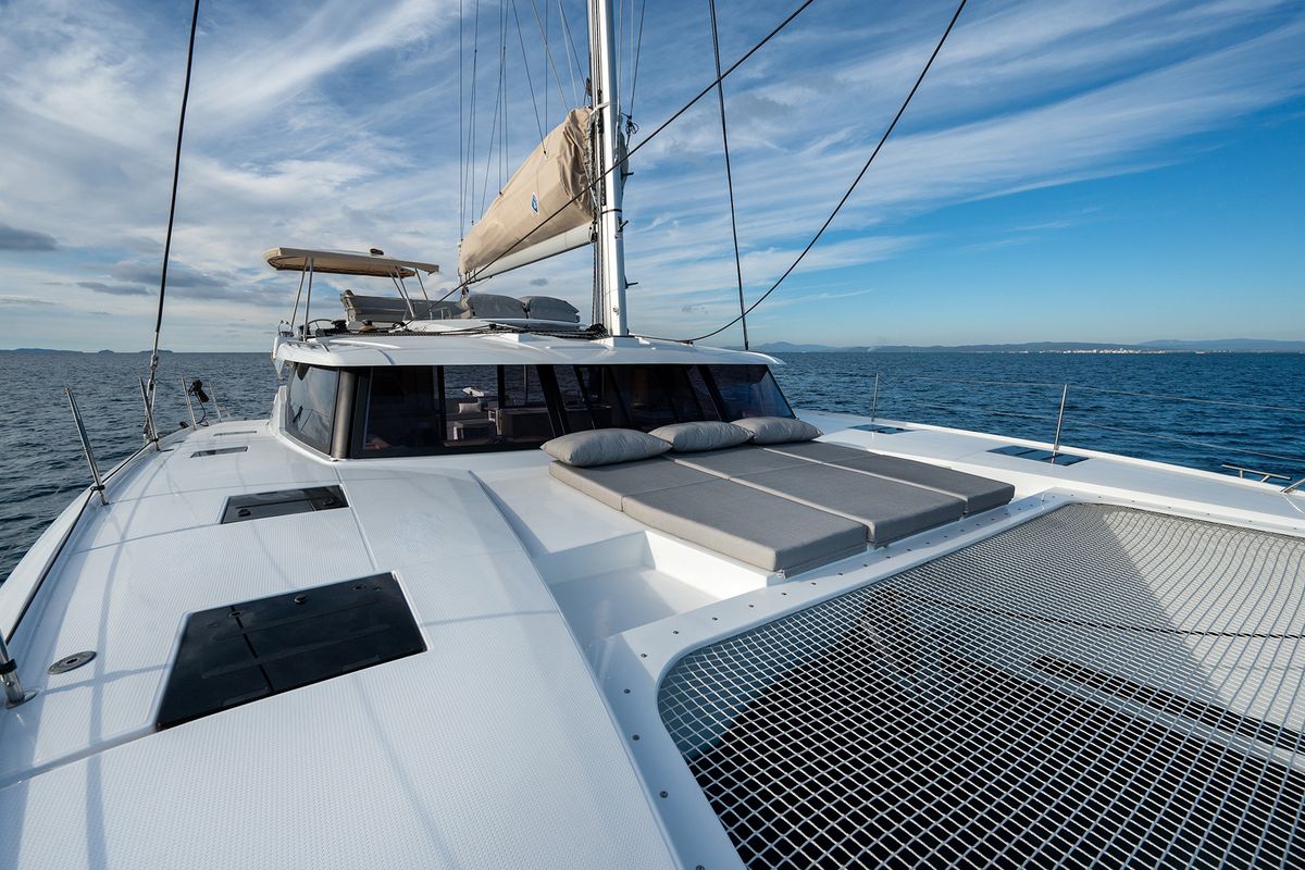 Deck of Calypso, a Fountaine Pajot Tanna 47 catamaran at Cannigione, Italy