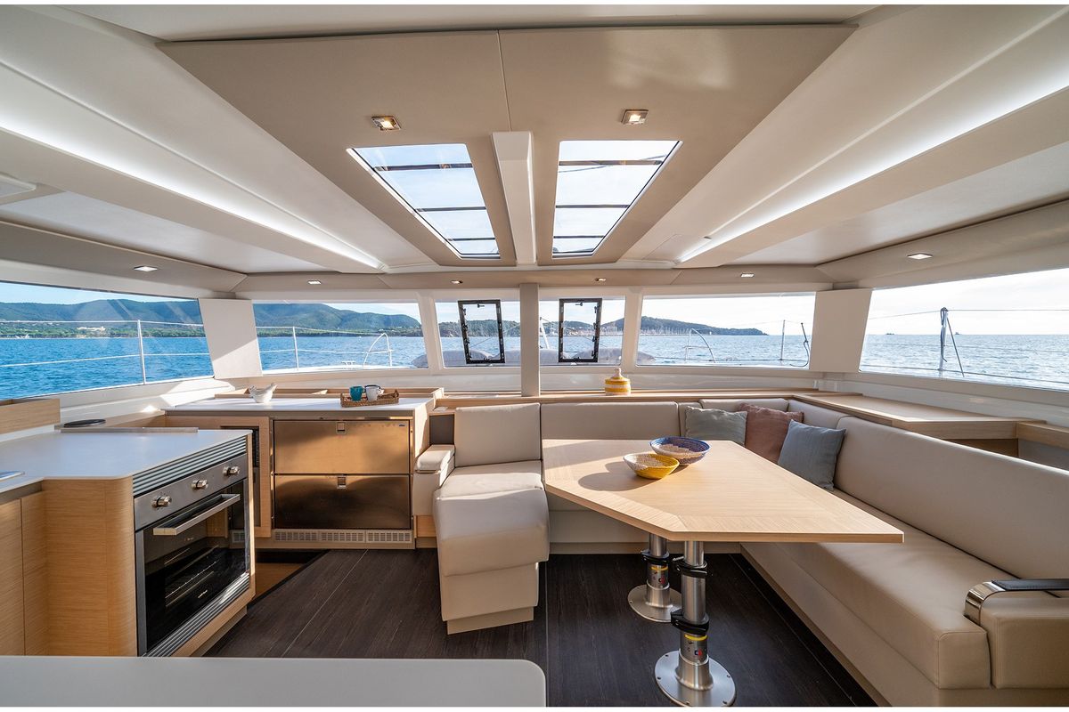 Salon of Calypso, a Fountaine Pajot Tanna 47 catamaran at Cannigione, Italy