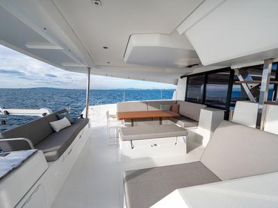 Deck of Calypso, a Fountaine Pajot Tanna 47 catamaran at Cannigione, Italy