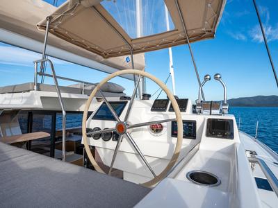 Cockpit of Calypso, a Fountaine Pajot Tanna 47 catamaran at Cannigione, Italy