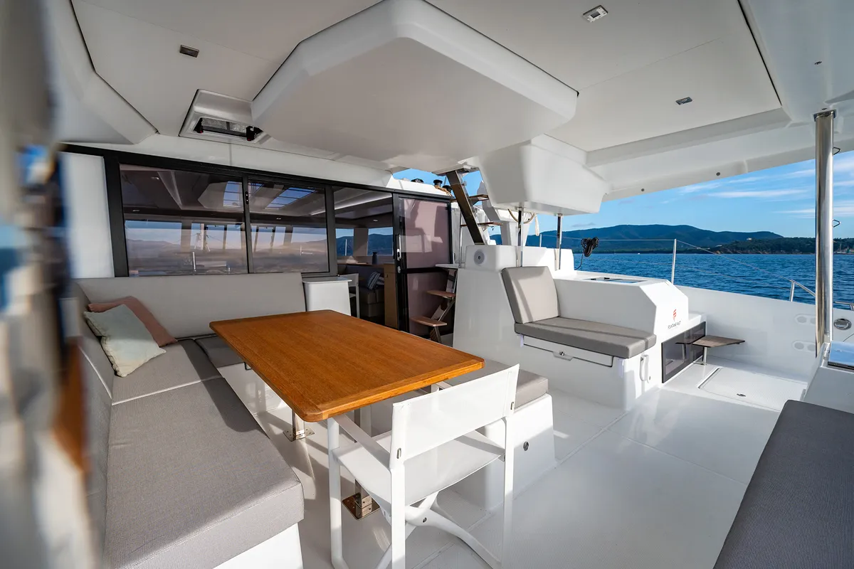 Deck of Calypso, a Fountaine Pajot Tanna 47 catamaran at Cannigione, Italy