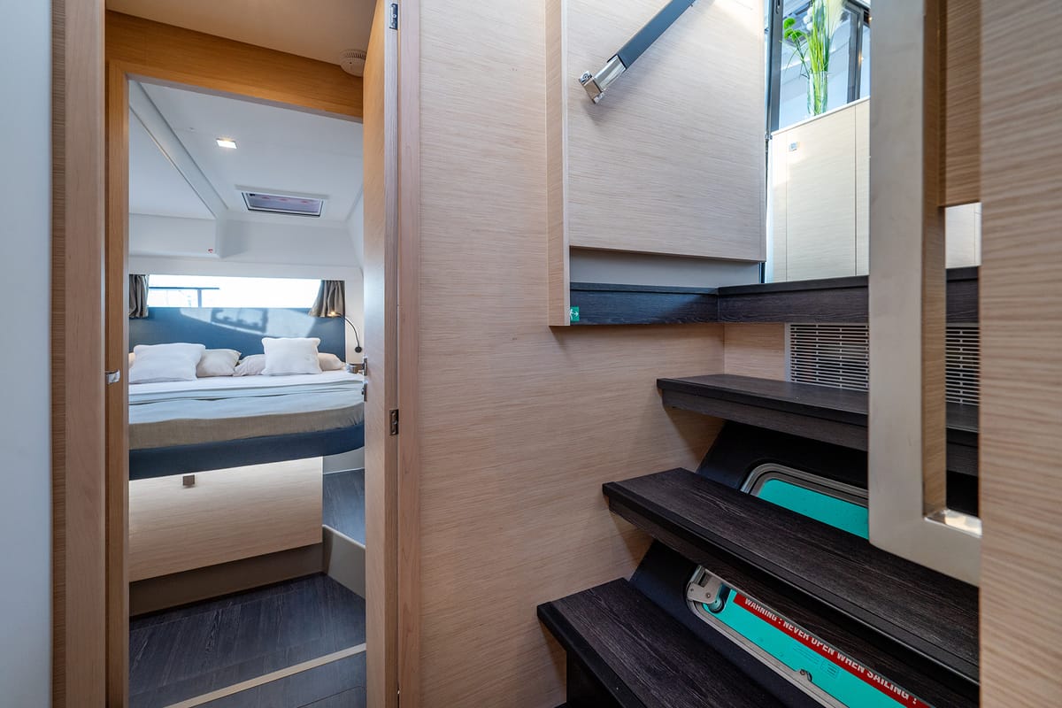 Cabin on Calypso, a Fountaine Pajot Tanna 47 catamaran at Cannigione, Italy
