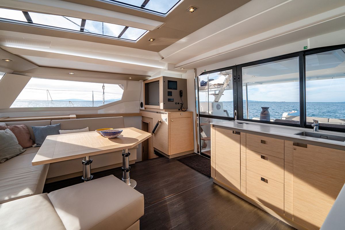 Salon of Calypso, a Fountaine Pajot Tanna 47 catamaran at Cannigione, Italy