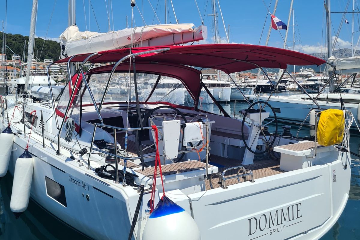 Exterior view of Dommie, a Beneteau Oceanis 46.1 sailboat at Split, Croatia